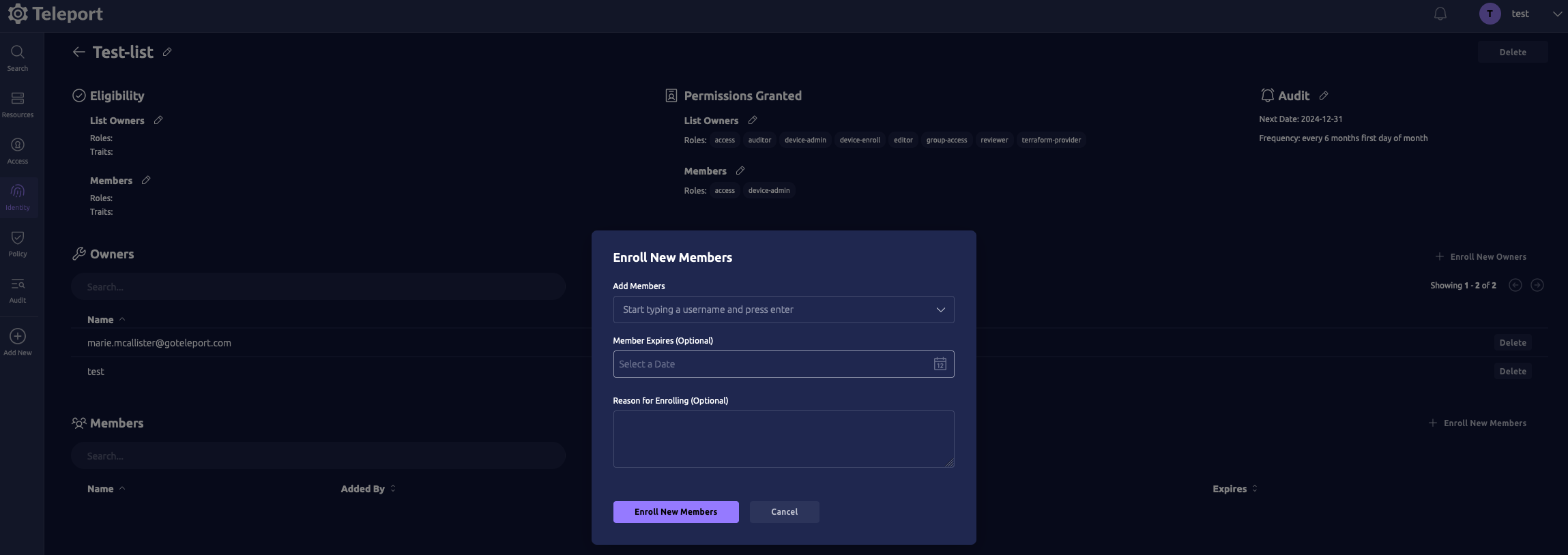 Screenshot of the web UI showing the Access List and the "Enroll Member" button
